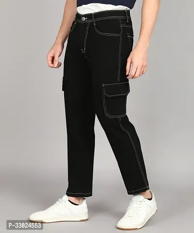 Stylish Black Denim Mid-Rise Cargos For Men-thumb2