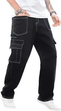 Stylish Black Cotton Blend Solid Cargos For Men-thumb2