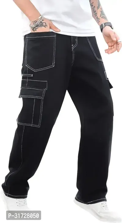 Stylish Black Cotton Blend Solid Cargos For Men-thumb3