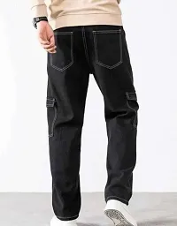 Stylish Black Denim Solid Regular Fit Cargo For Men-thumb1