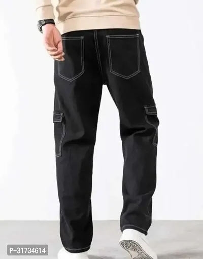 Stylish Black Denim Solid Regular Fit Cargo For Men-thumb2