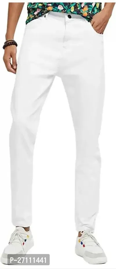 Stylish White Cotton Blend Mid-Rise Jeans For Men-thumb0