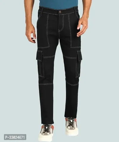 Stylish Black Cotton Blend Mid-Rise Cargos For Men-thumb2