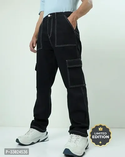 Stylish Black Denim Mid-Rise Cargos For Men-thumb0