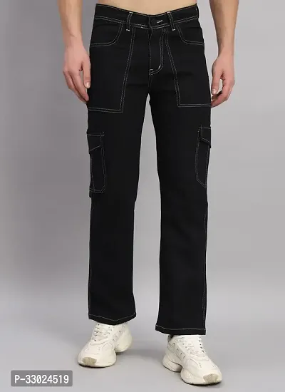 Stylish Black Denim Mid-Rise Cargos For Men-thumb0