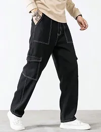 Stylish Black Denim Mid-Rise Cargos For Men-thumb2