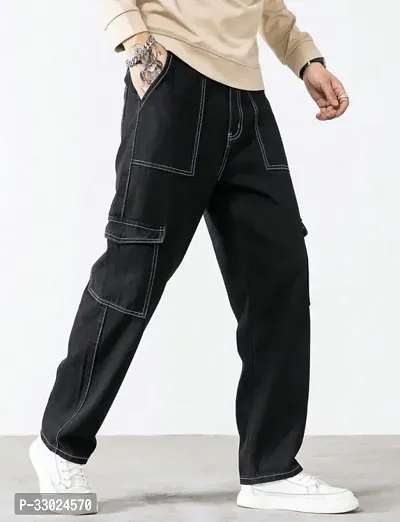 Stylish Black Denim Mid-Rise Cargos For Men-thumb3