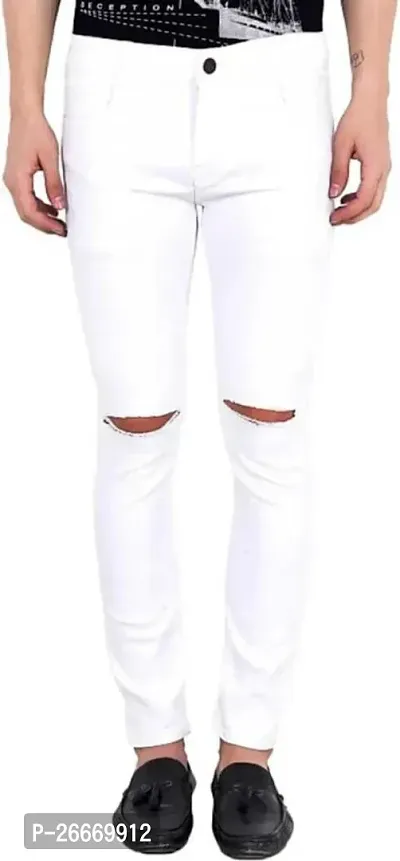 Stylish White Cotton Blend Mid-Rise Jeans For Men-thumb0