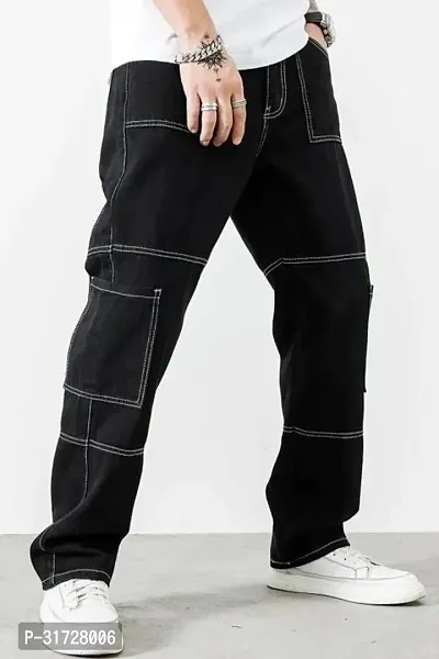 Stylish Black Cotton Blend Solid Cargos For Men