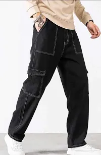 Stylish Black Denim Solid Regular Fit Cargo For Men-thumb2