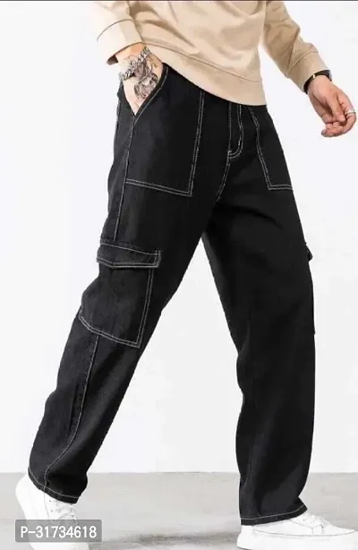 Stylish Black Denim Solid Regular Fit Cargo For Men-thumb3