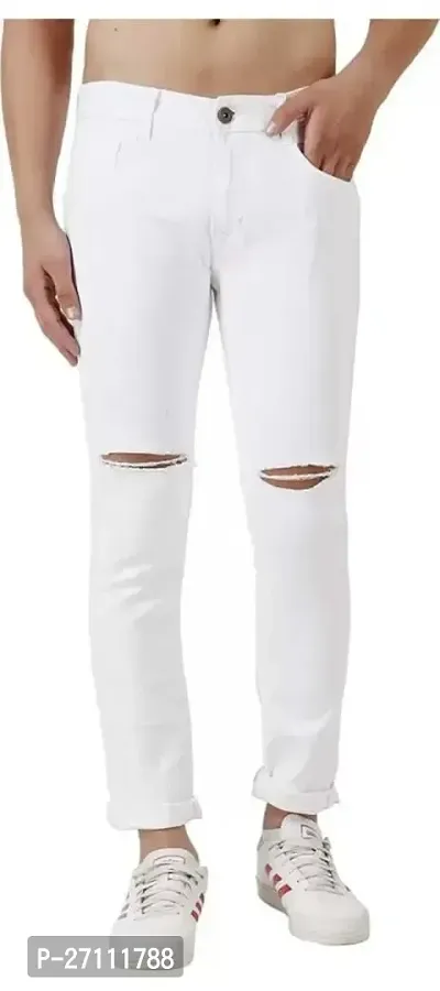 Stylish White Cotton Blend Mid-Rise Jeans For Men-thumb0