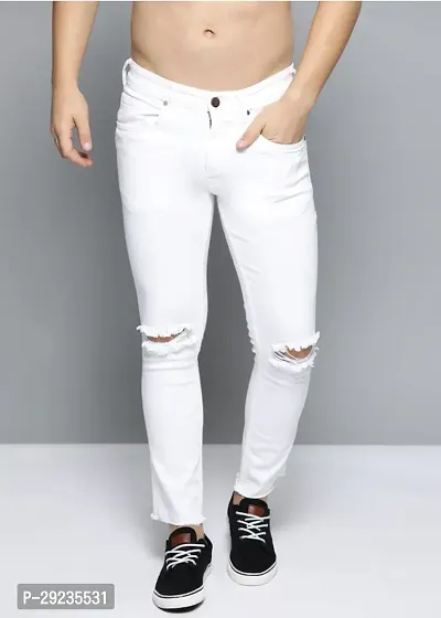 Stylish White Cotton Blend Mid-Rise Jeans For Men-thumb0