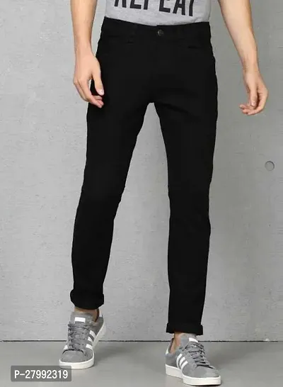 Elegant Black Denim Solid Mid-Rise Jeans For Men-thumb0