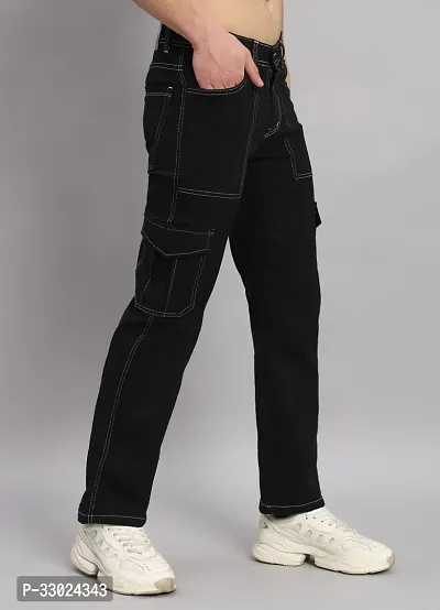 Stylish Black Denim Mid-Rise Cargos For Men-thumb3