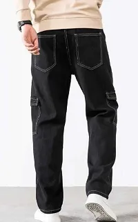 Stylish Black Denim Solid Regular Fit Cargo For Men-thumb1