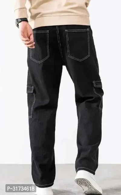 Stylish Black Denim Solid Regular Fit Cargo For Men-thumb2