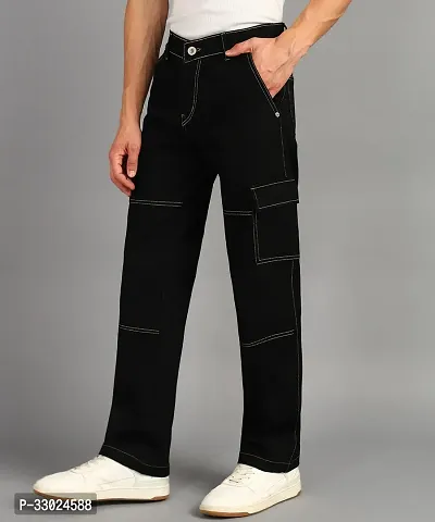 Stylish Black Denim Mid-Rise Cargos For Men-thumb0