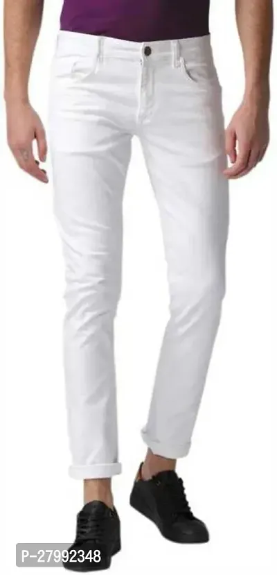 Elegant White Denim Solid Mid-Rise Jeans For Men-thumb4