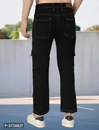 Stylish Black Cotton Blend Solid Regular Fit Cargo For Men-thumb2