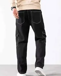 Stylish Black Cotton Blend Mid-Rise Cargos For Men-thumb1