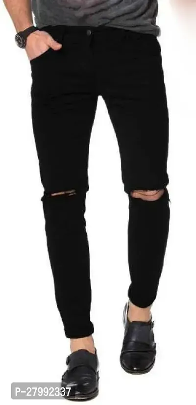 Elegant Black Cotton Lycra Blend Distress Mid-Rise Jeans For Men-thumb0