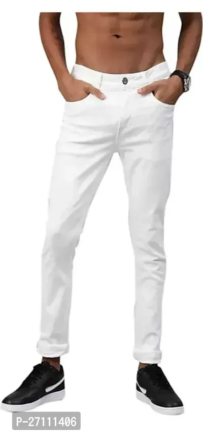 Stylish White Cotton Blend Mid-Rise Jeans For Men-thumb0