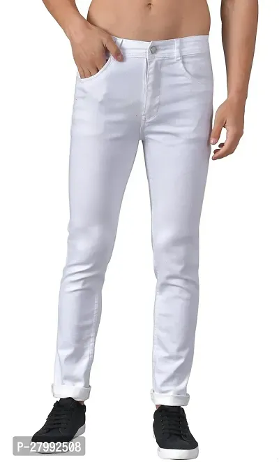 Elegant White Denim Solid Mid-Rise Jeans For Men-thumb0