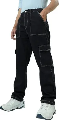 Stylish Black Denim Solid Regular Fit Cargo For Men-thumb1