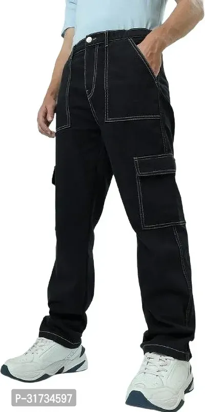 Stylish Black Denim Solid Regular Fit Cargo For Men-thumb2