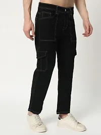 Stylish Black Denim Solid Cargos For Men-thumb2