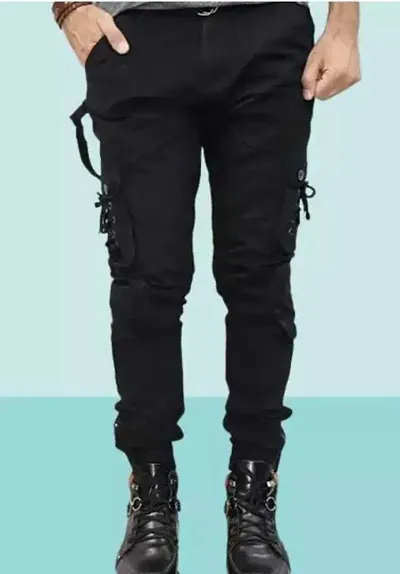 Stylish Black Cotton Blend Regular Fit Solid Cargo Pant For Men