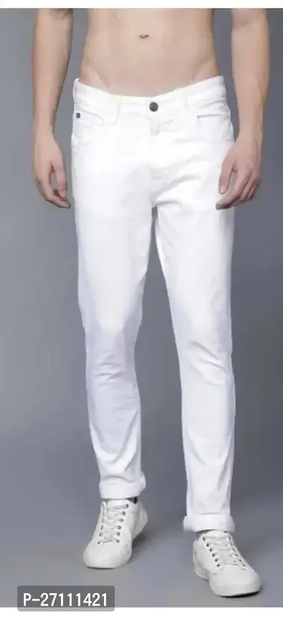 Stylish White Cotton Blend Mid-Rise Jeans For Men-thumb0