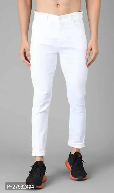 Elegant White Denim Solid Mid-Rise Jeans For Men-thumb0