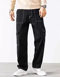 Stylish Black Denim Solid Cargos For Men-thumb2