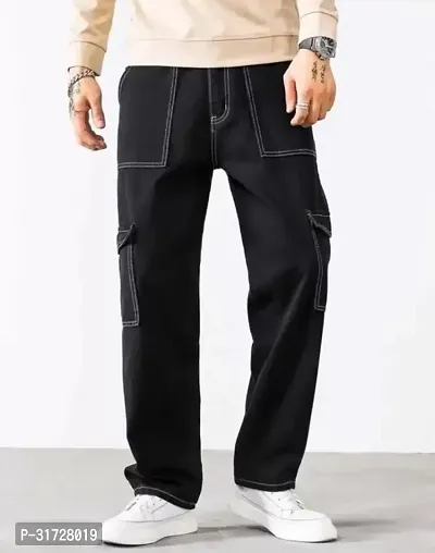 Stylish Black Denim Solid Cargos For Men-thumb3