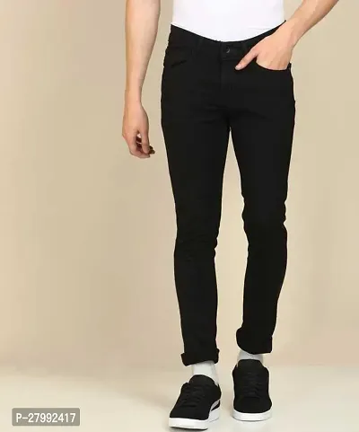 Elegant Black Denim Solid Mid-Rise Jeans For Men-thumb0