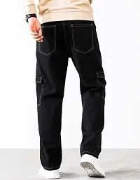 Stylish Black Cotton Blend Mid-Rise Cargos For Men-thumb1