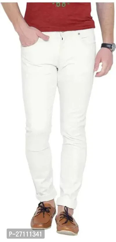 Stylish White Cotton Blend Mid-Rise Jeans For Men-thumb0