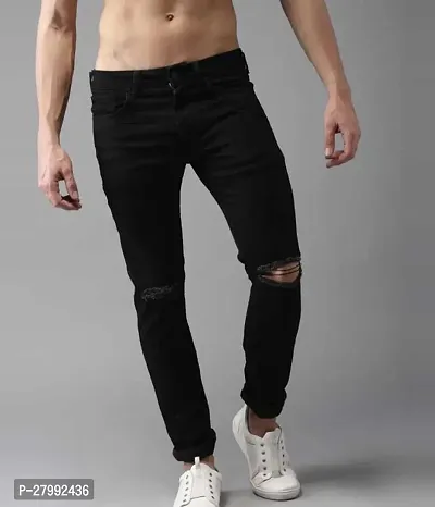 Elegant Black Denim Distress Low-Rise Jeans For Men-thumb0