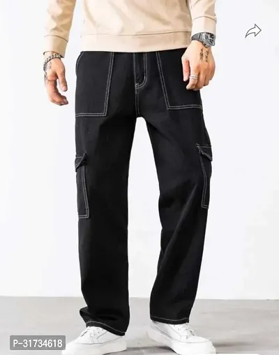 Stylish Black Denim Solid Regular Fit Cargo For Men-thumb0