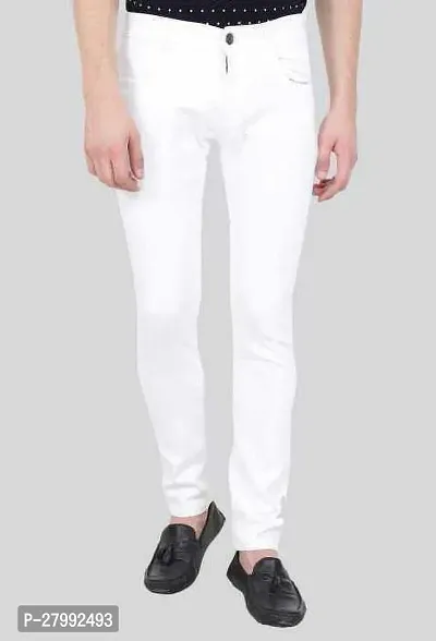 Elegant White Denim Solid Mid-Rise Jeans For Men-thumb0