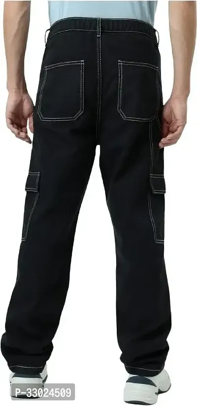 Stylish Black Denim Mid-Rise Cargos For Men-thumb3