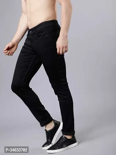 Stylish Black Cotton Blend Solid Mid Rise Jeans For Men-thumb3