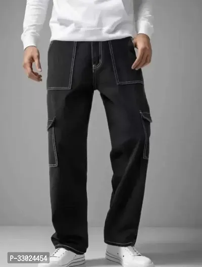 Stylish Black Cotton Blend Mid-Rise Cargos For Men-thumb0