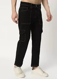 Stylish Black Denim Solid Cargos For Men-thumb2