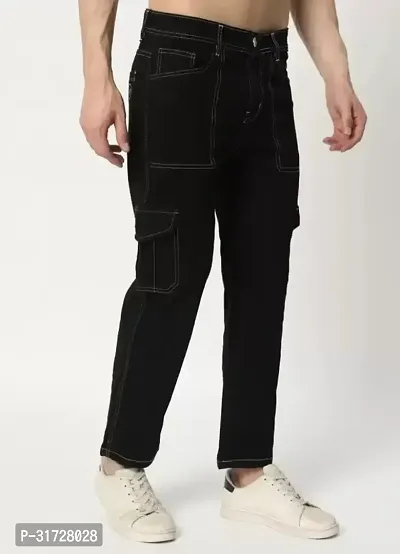 Stylish Black Denim Solid Cargos For Men-thumb3