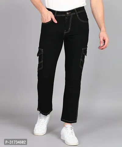 Stylish Black Denim Solid Regular Fit Cargo For Men