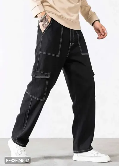 Stylish Black Cotton Blend Mid-Rise Cargos For Men-thumb0