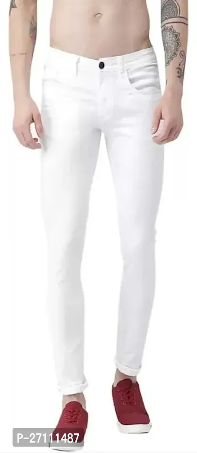 Stylish White Cotton Blend Mid-Rise Jeans For Men-thumb0